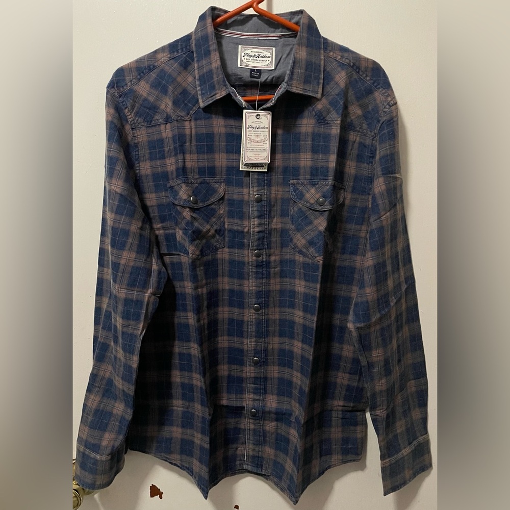 Flag & Anthem Men’s Plaid Snap-up Western Rust Indigo 100% Cotton Shirt Large L